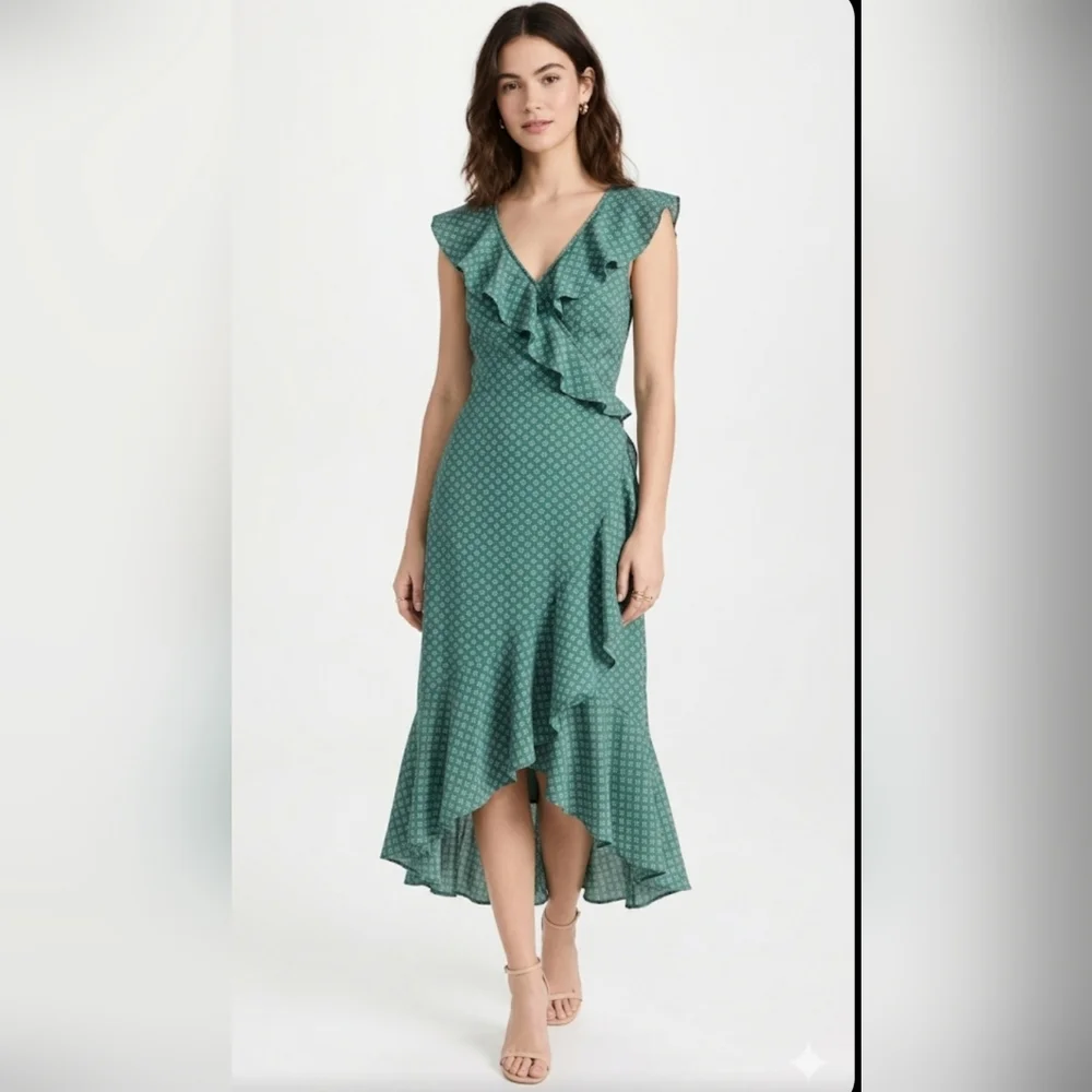 Max Studio Patterned Ruffle Wrap Midi Dress - Green Tulip Waves at Nordstrom Rack